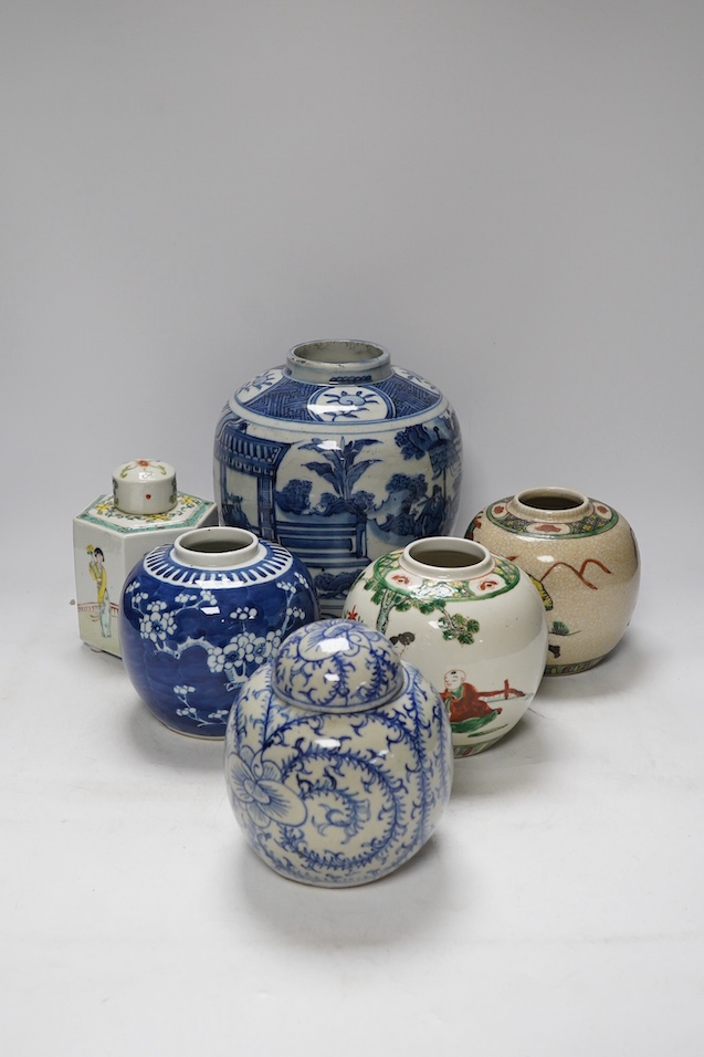 Five various Chinese jars, one with cover and a tea caddy and cover, tallest 21cm. Condition - good, one lid stuck to jar